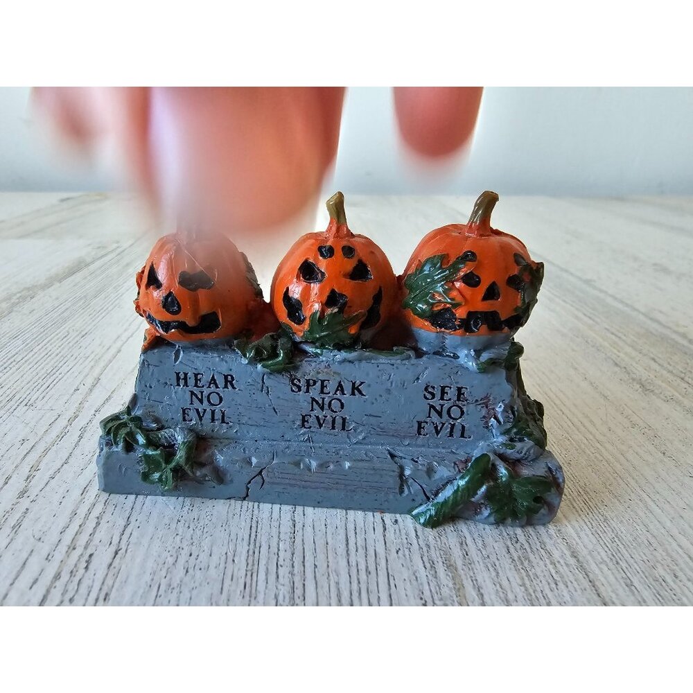 Lemax hear speak see no evil pumpkin tombstone Halloween decor accessory